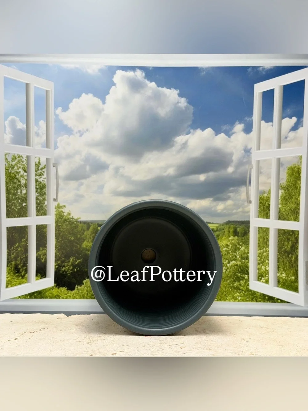 Dark Green Ceramic Planter with Attached Saucer & Drainage Hole